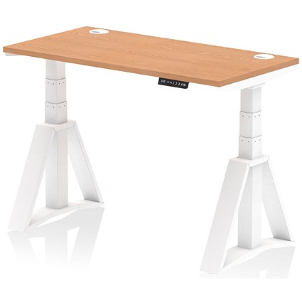 Air 1200mm Slim Height Adjustable Cable Ports Desk, White Leg with Piste Foot, Oak