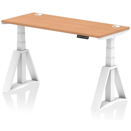 Air 1400mm Slim Height Adjustable Cable Ports Desk, White Leg with Piste Foot, Oak