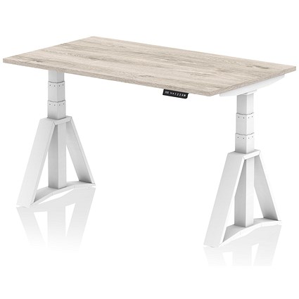 Air 1400mm Height Adjustable Desk, White Leg with Piste Foot, Grey Oak