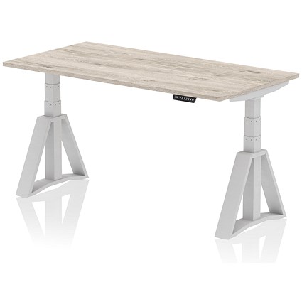 Air 1600mm Height Adjustable Desk, Silver Leg with Piste Foot, Grey Oak