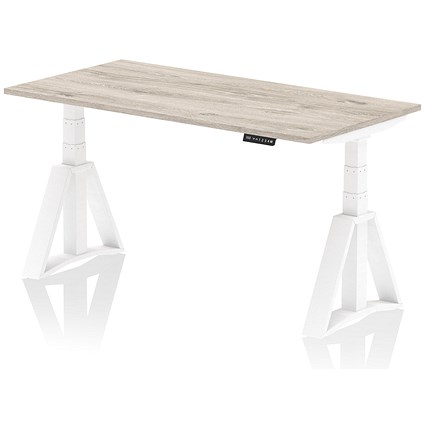 Air 1600mm Height Adjustable Desk, White Leg with Piste Foot, Grey Oak