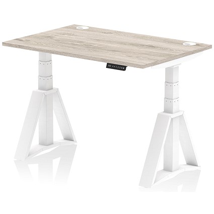 Air 1200mm Height Adjustable Cable Port Desk, White Leg with Piste Foot, Grey Oak