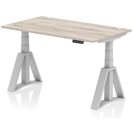 Air 1400mm Height Adjustable Cable Port Desk, Silver Leg with Piste Foot, Grey Oak
