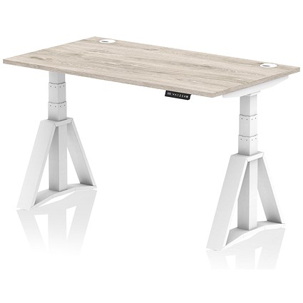 Air 1400mm Height Adjustable Cable Port Desk, White Leg with Piste Foot, Grey Oak Air 1400mm Height Adjustable Cable Port Desk, White Leg with Piste Foot, Grey Oak