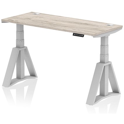 Air 1400mm Slim Height Adjustable Cable Ports Desk, Silver Leg with Piste Foot, Grey Oak