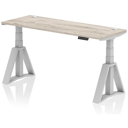 Air 1600mm Slim Height Adjustable Cable Ports Desk, Silver Leg with Piste Foot, Grey Oak Air 1600mm Slim Height Adjustable Cable Ports Desk, Silver Leg with Piste Foot, Grey Oak