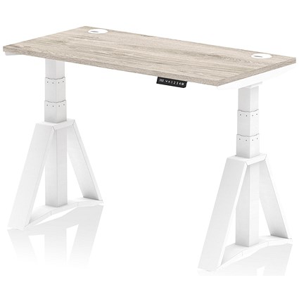 Air 1200mm Slim Height Adjustable Cable Ports Desk, White Leg with Piste Foot, Grey Oak