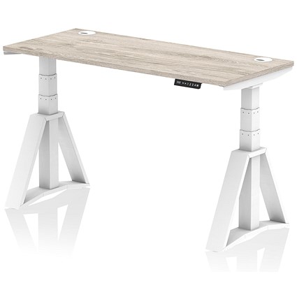 Air 1400mm Slim Height Adjustable Cable Ports Desk, White Leg with Piste Foot, Grey Oak