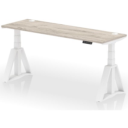 Air 1800mm Slim Height Adjustable Cable Ports Desk, White Leg with Piste Foot, Grey Oak