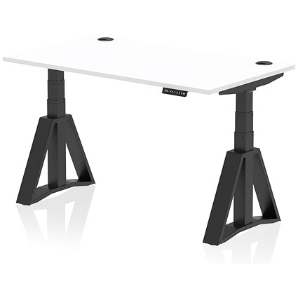 Air 1400mm Height Adjustable Cable Port Desk, Black Leg with Piste Foot, White