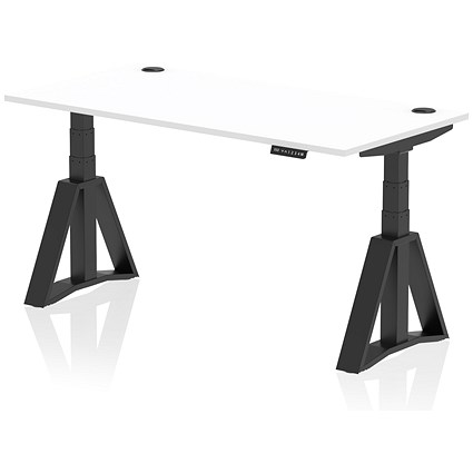 Air 1600mm Height Adjustable Cable Ports Desk, Black Leg with Piste Foot, White