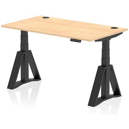 Air 1400mm Height Adjustable Cable Port Desk, Black Leg with Piste Foot, Maple