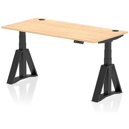 Air 1600mm Height Adjustable Cable Ports Desk, Black Leg with Piste Foot, Maple