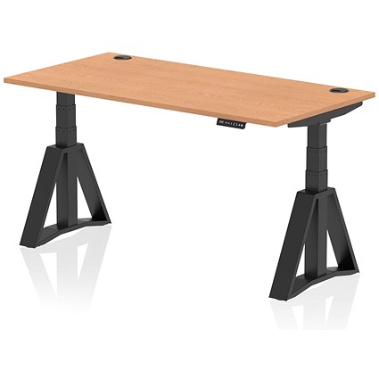 Air 1600mm Height Adjustable Cable Ports Desk, Black Leg with Piste Foot, Oak