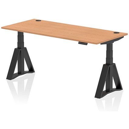 Air 1800mm Height Adjustable Cable Port Desk, Black Leg with Piste Foot, Oak