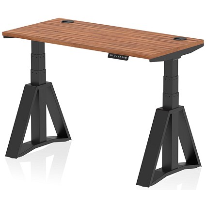 Air 1200mm Slim Height Adjustable Cable Ports Desk, Black Leg with Piste Foot, Walnut