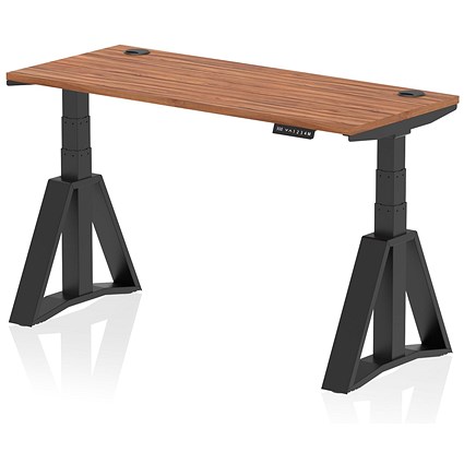 Air 1400mm Slim Height Adjustable Cable Ports Desk, Black Leg with Piste Foot, Walnut