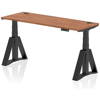 Air 1600mm Slim Height Adjustable Cable Ports Desk, Black Leg with Piste Foot, Walnut