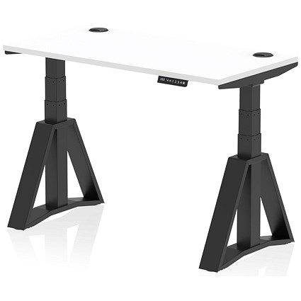 Air 1200mm Slim Height Adjustable Cable Ports Desk, Black Leg with Piste Foot, White