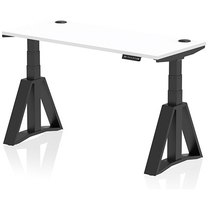 Air 1400mm Slim Height Adjustable Cable Ports Desk, Black Leg with Piste Foot, White