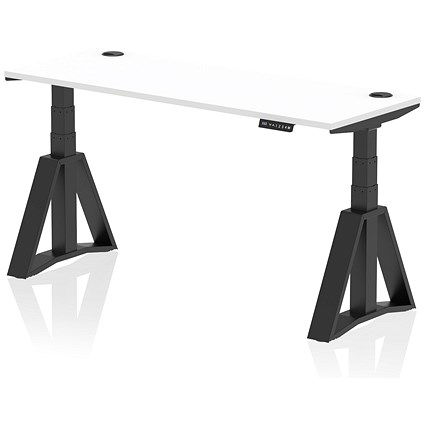 Air 1600mm Slim Height Adjustable Cable Ports Desk, Black Leg with Piste Foot, White