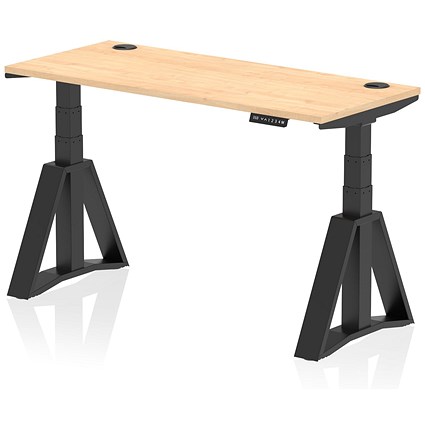 Air 1400mm Slim Height Adjustable Cable Ports Desk, Black Leg with Piste Foot, Maple