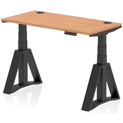Air 1200mm Slim Height Adjustable Cable Ports Desk, Black Leg with Piste Foot, Oak