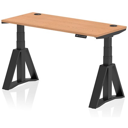 Air 1400mm Slim Height Adjustable Cable Ports Desk, Black Leg with Piste Foot, Oak