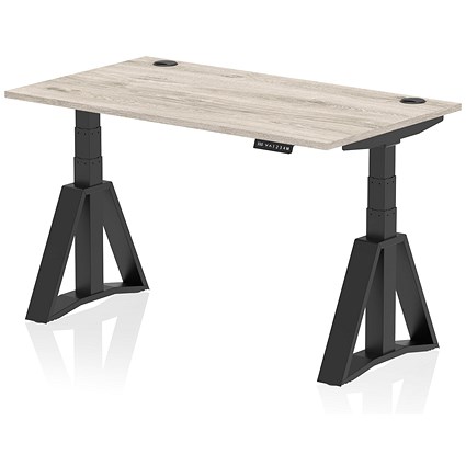 Air 1400mm Height Adjustable Cable Port Desk, Black Leg with Piste Foot, Grey Oak