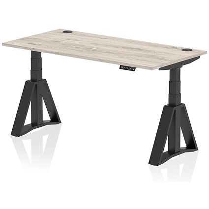 Air 1600mm Height Adjustable Cable Ports Desk, Black Leg with Piste Foot, Grey Oak