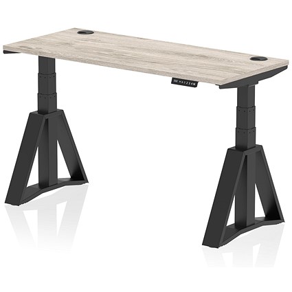 Air 1400mm Slim Height Adjustable Cable Ports Desk, Black Leg with Piste Foot, Grey Oak Air 1400mm Slim Height Adjustable Cable Ports Desk, Black Leg with Piste Foot, Grey Oak