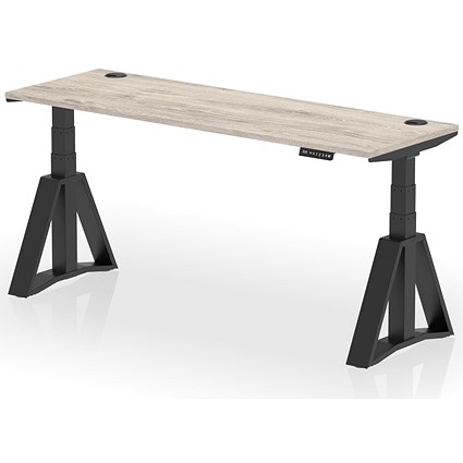 Air 1800mm Slim Height Adjustable Cable Ports Desk, Black Leg with Piste Foot, Grey Oak Air 1800mm Slim Height Adjustable Cable Ports Desk, Black Leg with Piste Foot, Grey Oak