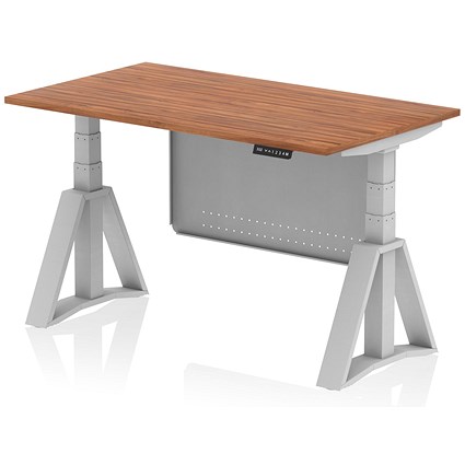Air Modesty 1400mm Height Adjustable Desk, Silver Leg with Piste Foot and Modesty Panel, Walnut