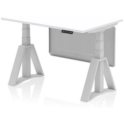 Air Modesty 1200mm Height Adjustable Desk, Silver Leg with Piste Foot and Modesty Panel, White