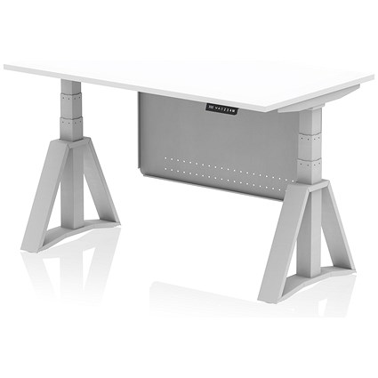 Air Modesty 1400mm Height Adjustable Desk, Silver Leg with Piste Foot and Modesty Panel, White