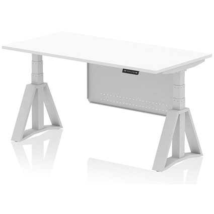 Air Modesty 1600mm Height Adjustable Desk, Silver Leg with Piste Foot and Modesty Panel, White