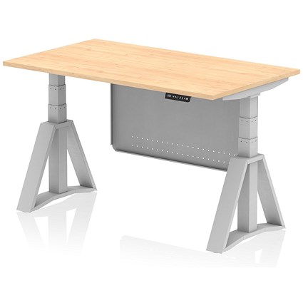 Air Modesty 1400mm Height Adjustable Desk, Silver Leg with Piste Foot and Modesty Panel, Maple Air Modesty 1400mm Height Adjustable Desk, Silver Leg with Piste Foot and Modesty Panel, Maple