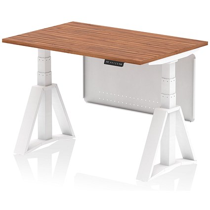 Air Modesty 1200mm Height Adjustable Desk, White Leg with Piste Foot and Modesty Panel, Walnut