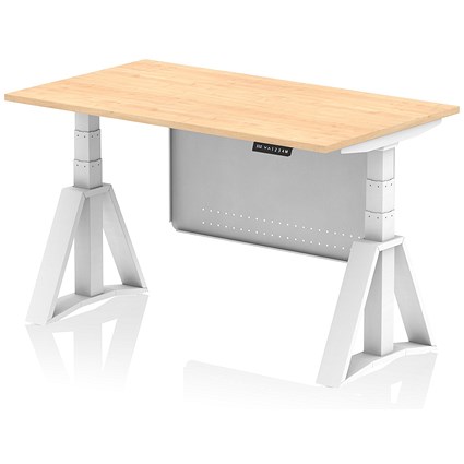 Air Modesty 1400mm Height Adjustable Desk, White Leg with Piste Foot and Modesty Panel, Maple