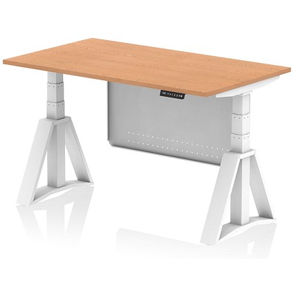 Air Modesty 1400mm Height Adjustable Desk, White Leg with Piste Foot and Modesty Panel, Oak