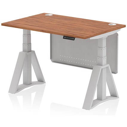 Air Modesty 1200mm Height Adjustable Cable Port Desk, Silver Leg with Piste Foot and Modesty Panel, Walnut Air Modesty 1200mm Height Adjustable Cable Port Desk, Silver Leg with Piste Foot and Modesty Panel, Walnut