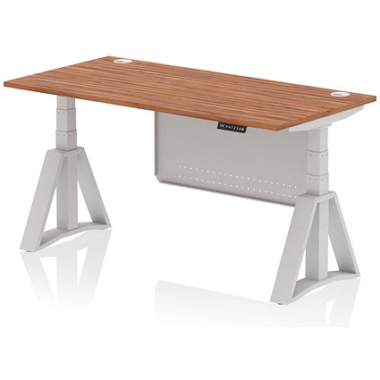 Air Modesty 1600mm Height Adjustable Cable Ports Desk, Silver Leg and Modesty Panel, Walnut
