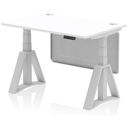 Air Modesty 1200mm Height Adjustable Cable Port Desk, Silver Leg with Piste Foot and Modesty Panel, White