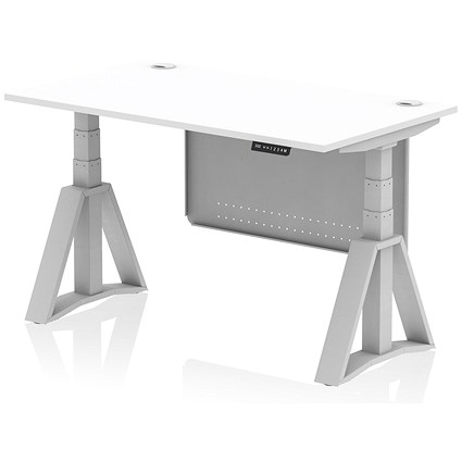 Air Modesty 1400mm Height Adjustable Cable Port Desk, Silver Leg with Piste Foot and Modesty Panel, White