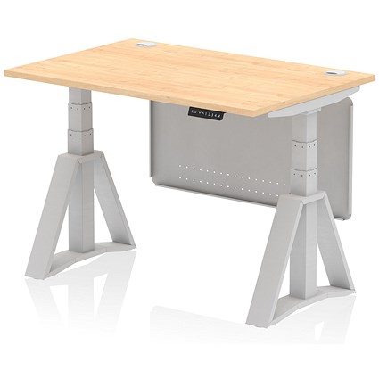 Air Modesty 1200mm Height Adjustable Cable Port Desk, Silver Leg with Piste Foot and Modesty Panel, Maple