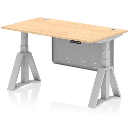 Air Modesty 1400mm Height Adjustable Cable Port Desk, Silver Leg with Piste Foot and Modesty Panel, Maple