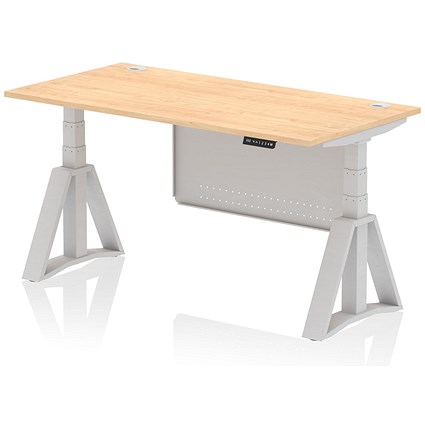 Air Modesty 1600mm Height Adjustable Cable Ports Desk, Silver Leg and Modesty Panel, Maple