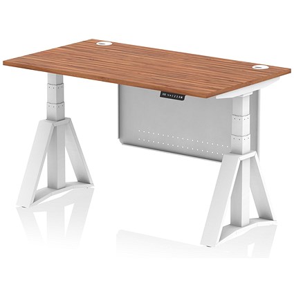 Air Modesty 1400mm Height Adjustable Cable Port Desk, White Leg with Piste Foot and Modesty Panel, Walnut
