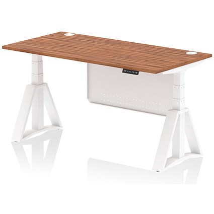 Air Modesty 1600mm Height Adjustable Cable Ports Desk, White Leg and Modesty Panel, Walnut