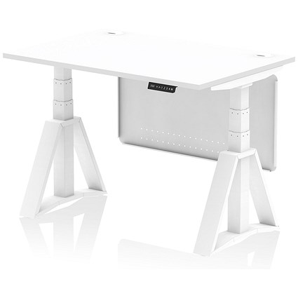 Air Modesty 1200mm Height Adjustable Cable Port Desk, White Leg with Piste Foot and Modesty Panel, White